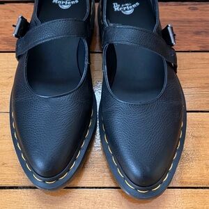 Dr. Martens Black Leather Elphie Mary Jane Flats with Yellow Stitching